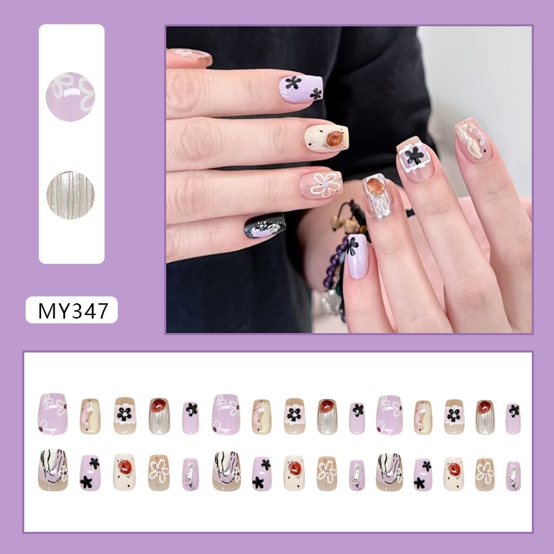 Floral Press on Nails Silver 3D Effect Gradient Line Pattern Asian Fit