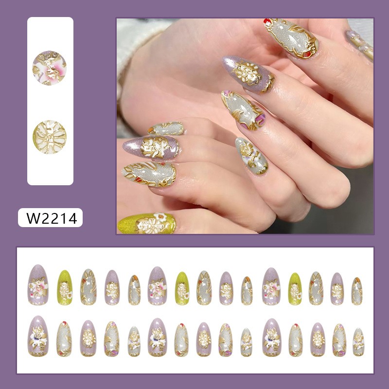 Cat Eye Effect Gold Press On Nails Almond Shape 3D Carved Floral Style