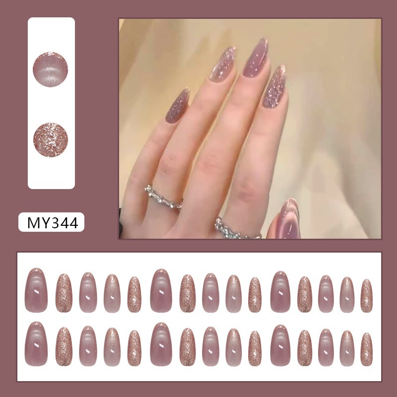 Cat Eye Press On Nails Purple Medium Almond False Nails with Glitter 30
