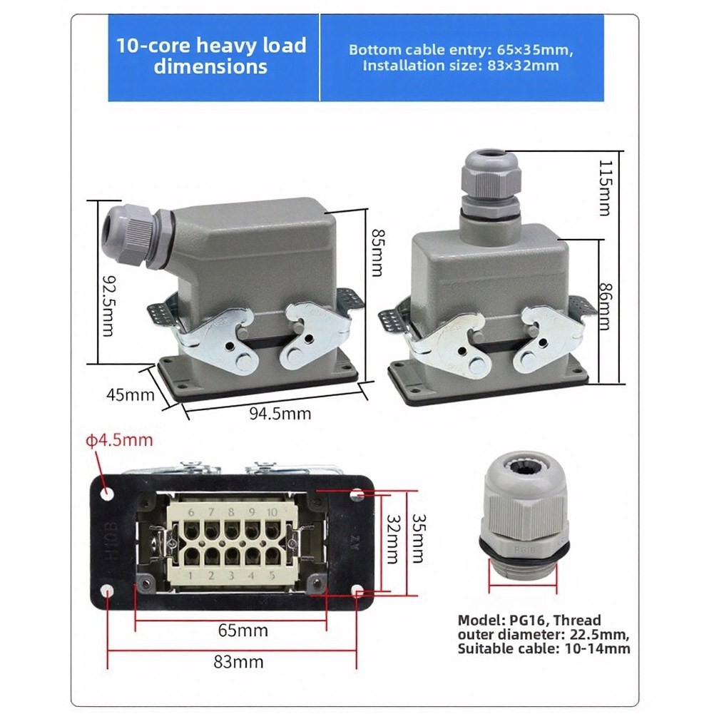 10-Pin Rectangular Aviation Receptacle with IP65 Protection Polycarbonate