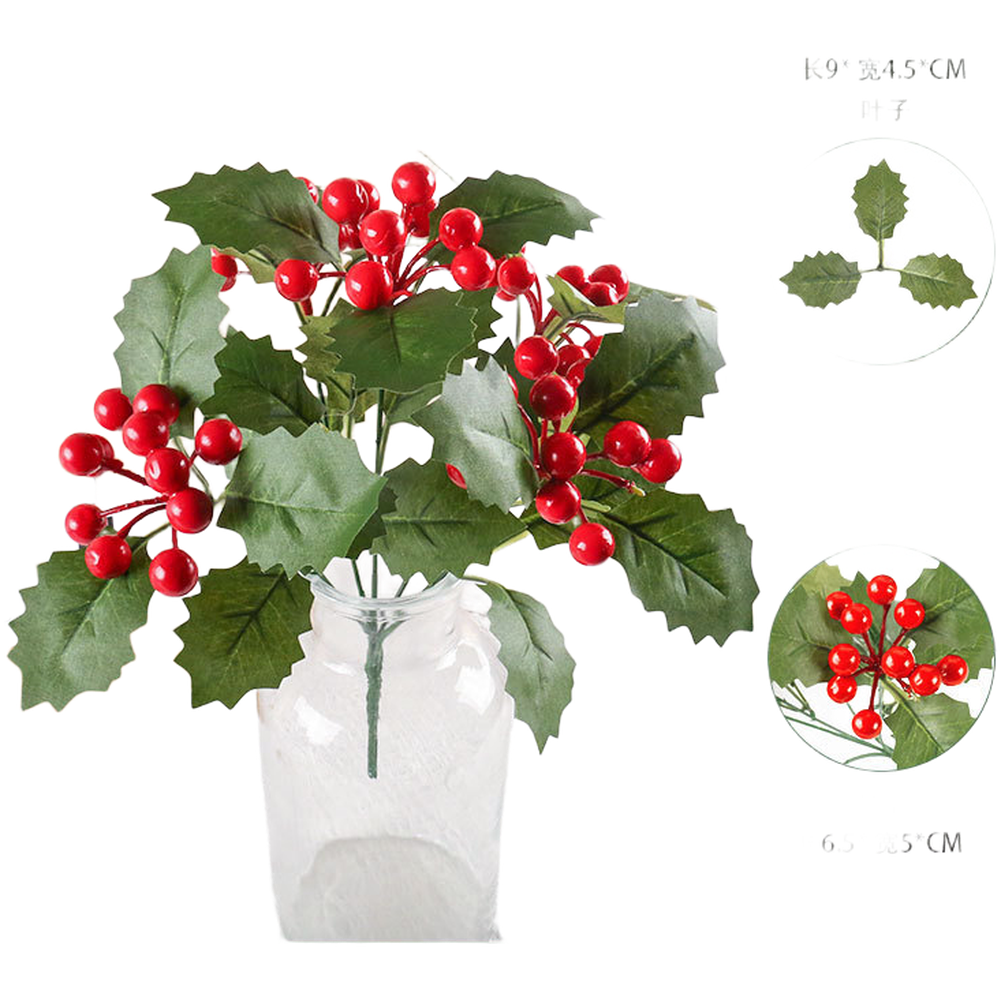 5-Piece Plastic and Polyester Holly Branches with Red Berries for Decor
