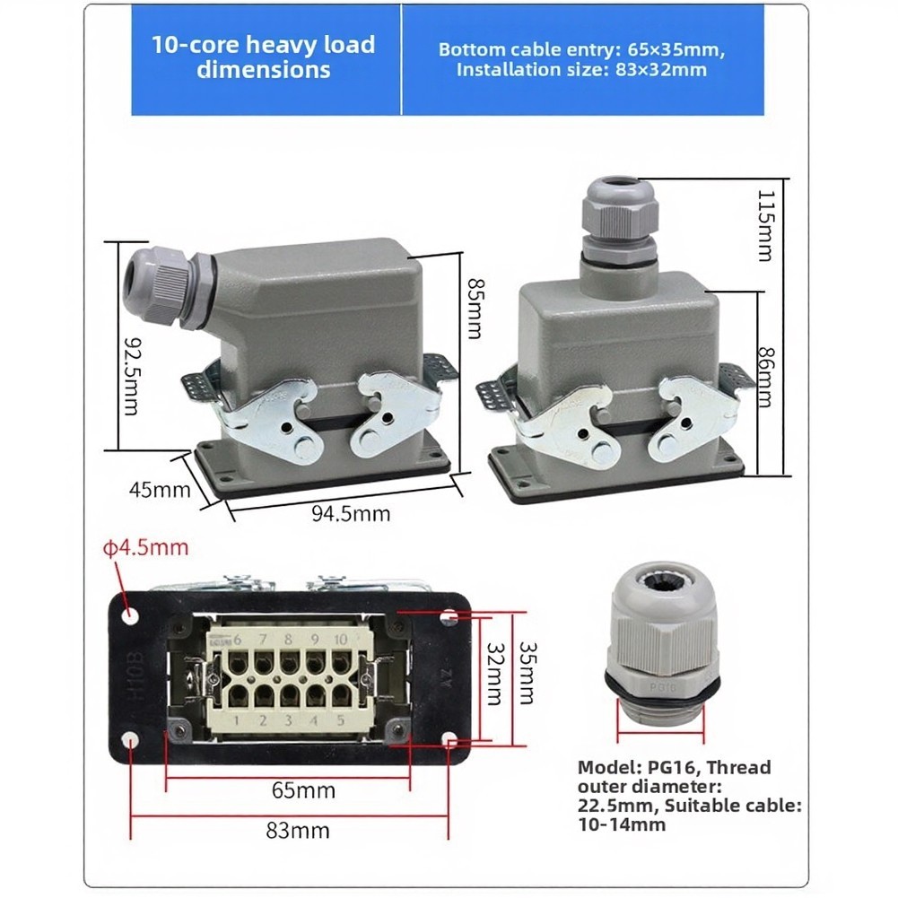 10 Core Interface Rectangular Aviation Socket Multiple Connection Points
