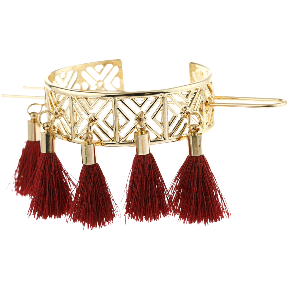 Alloy Hairpin with Symmetrical Floral Cutouts and Tassel Details Womens