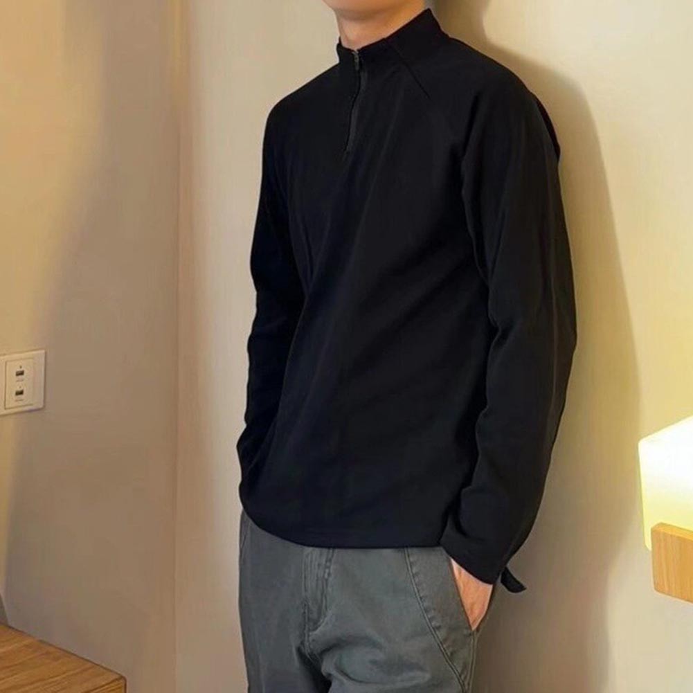 Men’s Spring Winter Velvet T-Shirt Long Sleeve Half-High Collar Zipper