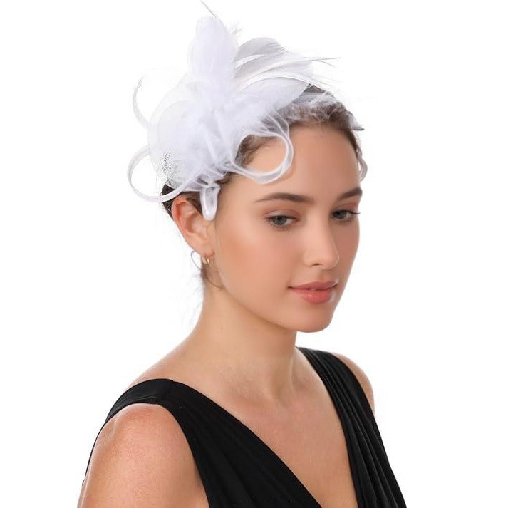 Women Elegant Floral Headband with Mesh Base and Feather Embellishment