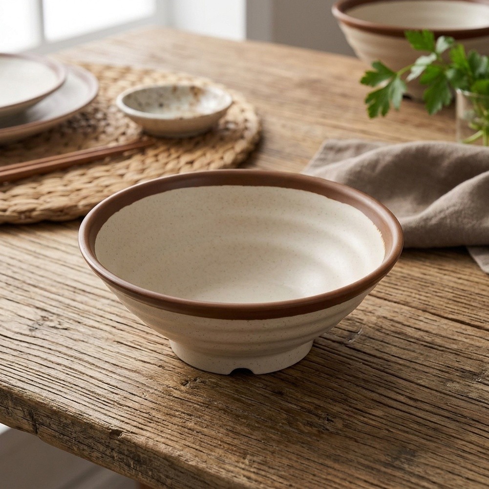 Home Use Melamine Bowl Brown Rim Deep Capacity for Rice Noodles For Cold Dishes - Produktbild 6