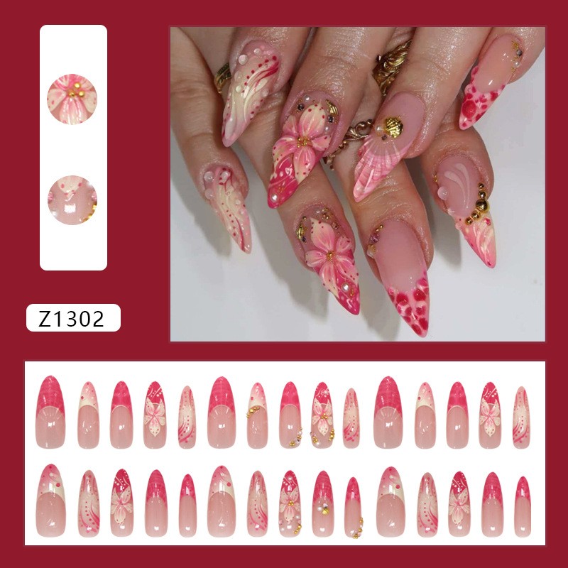 30PCS For french Style Press On Nails with Pearl Rhinestone Floral Art