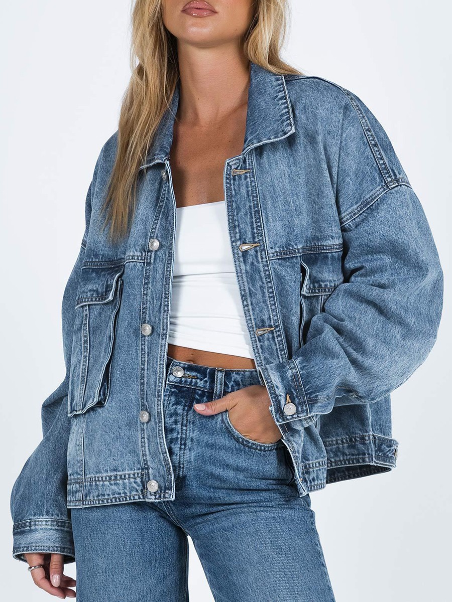 Women's Solid Color Casual Loose Lapel Jacket with Pockets and Buttons