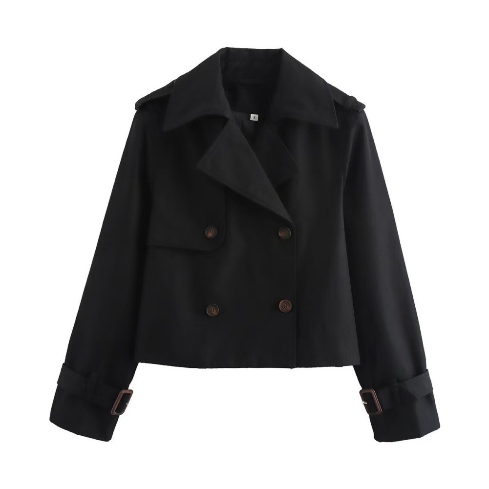 Womens Double Breasted Solid Color Jacket Casual Cuffed Sleeves Polyester