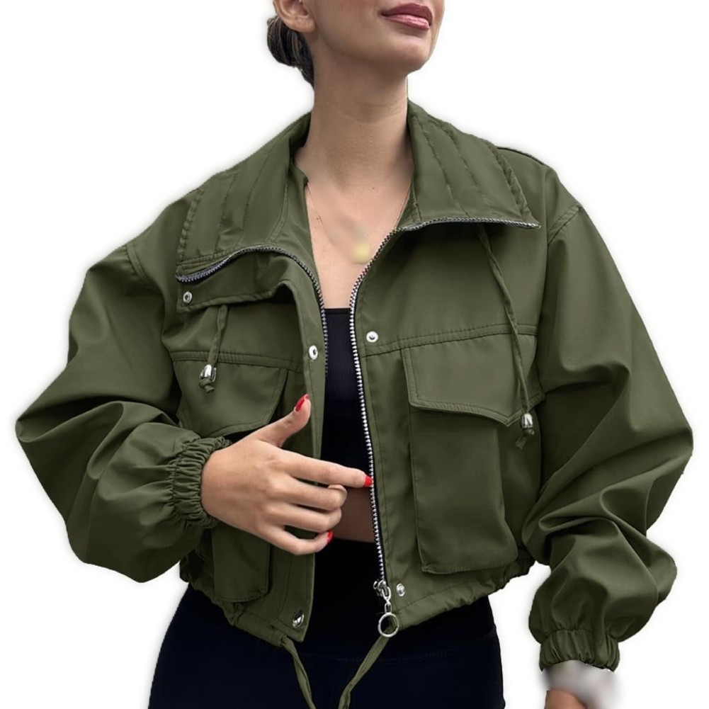 Women's Polyester Short Cargo Jacket with Elastic Cuff and Drawstring Waist