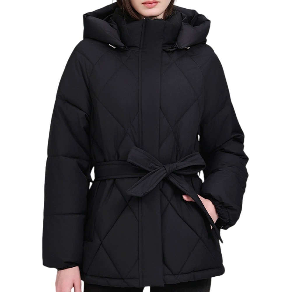 Solid Color Womens Hooded Short Jacket Diamond Pattern with Drawstring