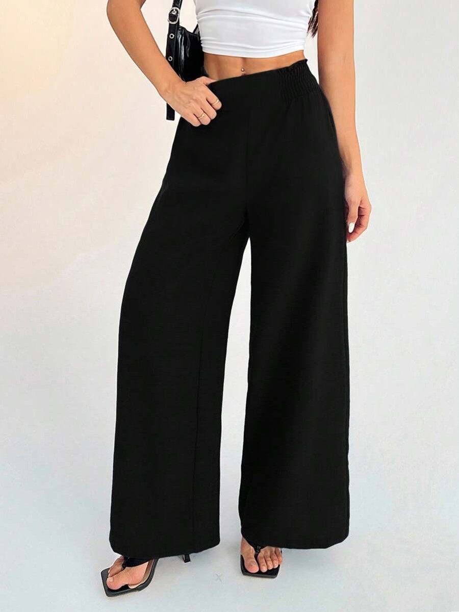 Womens Solid Color Polyester Pants Elastic Waist Wide Leg for Vacation