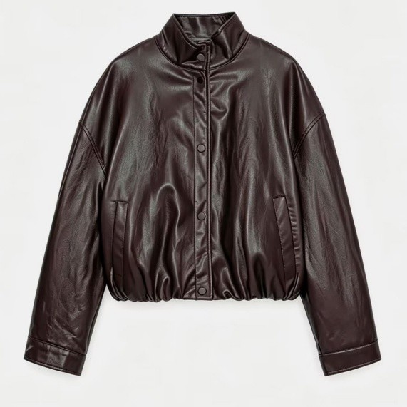 Solid Color Faux Leather Jacket Womens Loose Fit Regular Length Design
