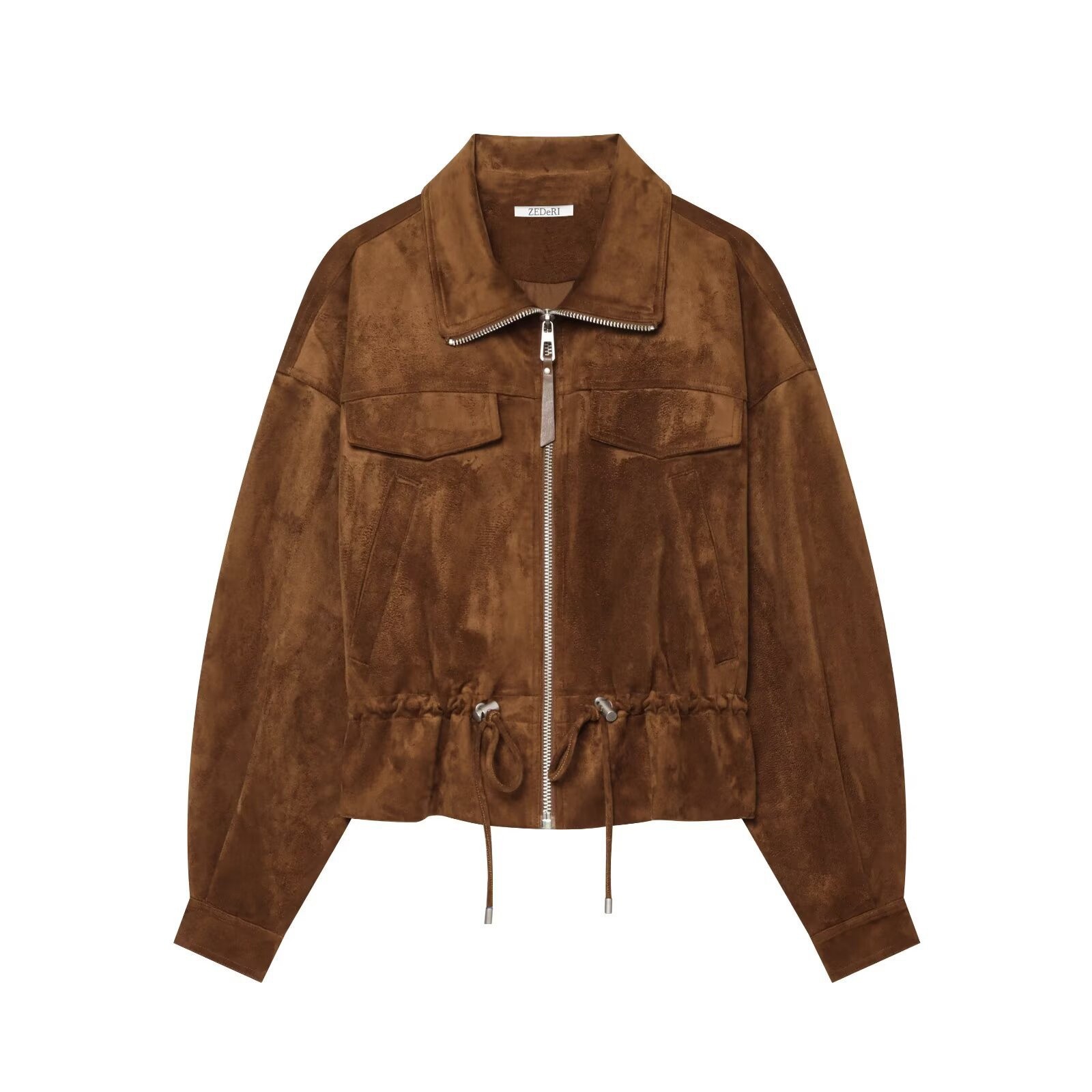 Women's Summer Work Jacket Faux Suede Notched Collar Drawstring Waist Regular