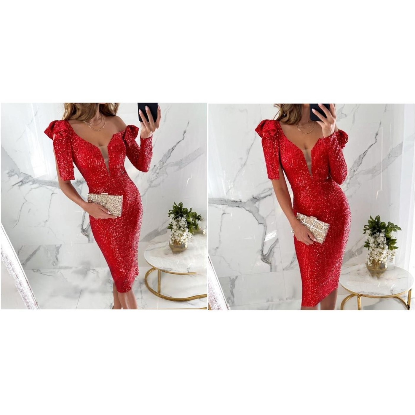 High Waist Sequined Dress Women Hip Wrap Deep V Neck Elegant Evening Outfit - Picture 12 of 24