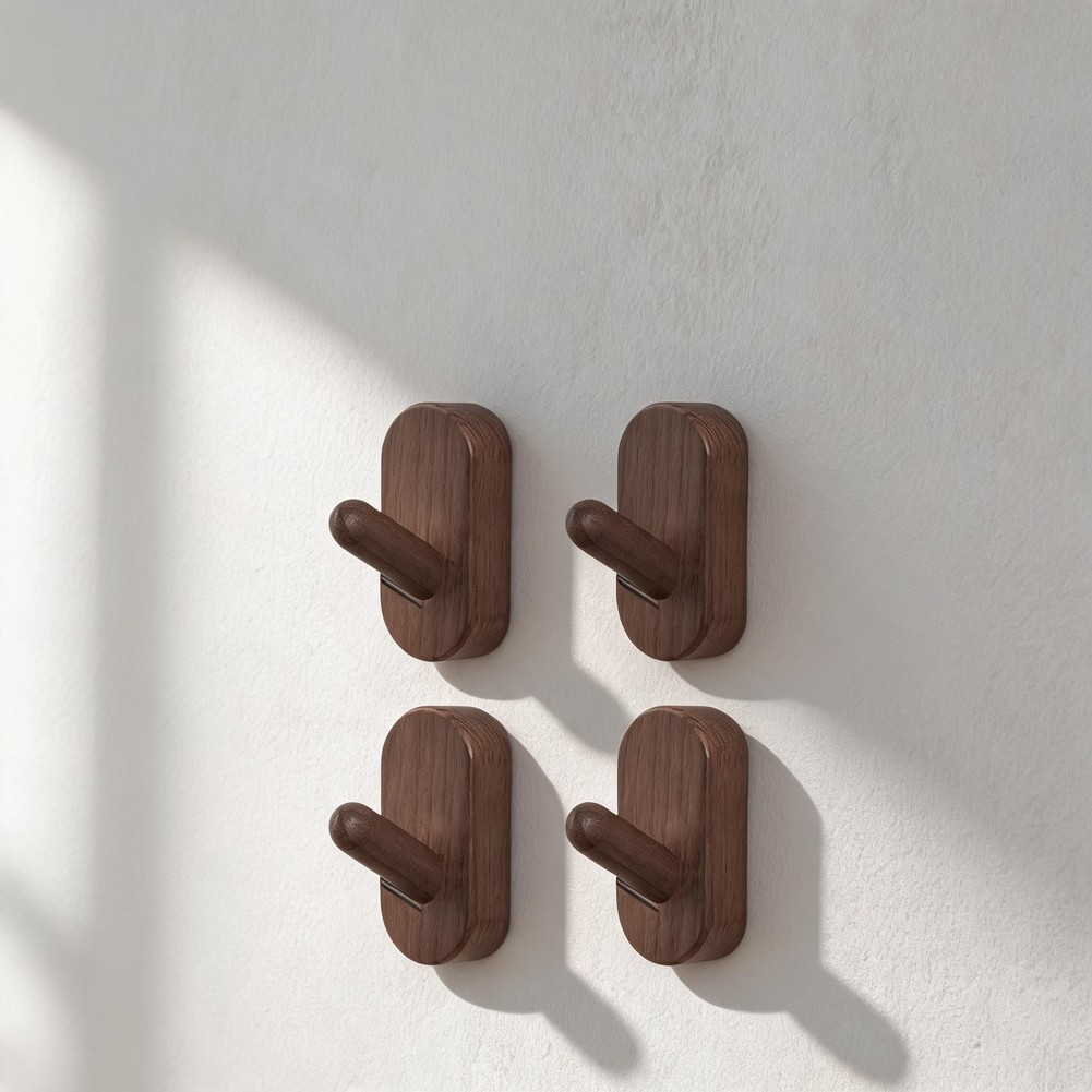 4 Pack Wall Hooks Solid Walnut Wood for Bags Hats Towels Natural Finish