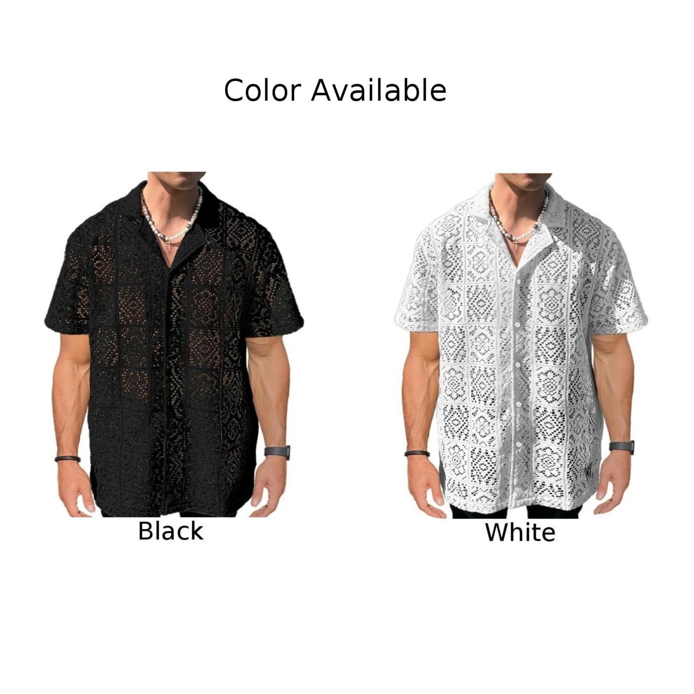 Fashionable Black Mesh Lace Shirt for Men Lapel Short Sleeve Button ...