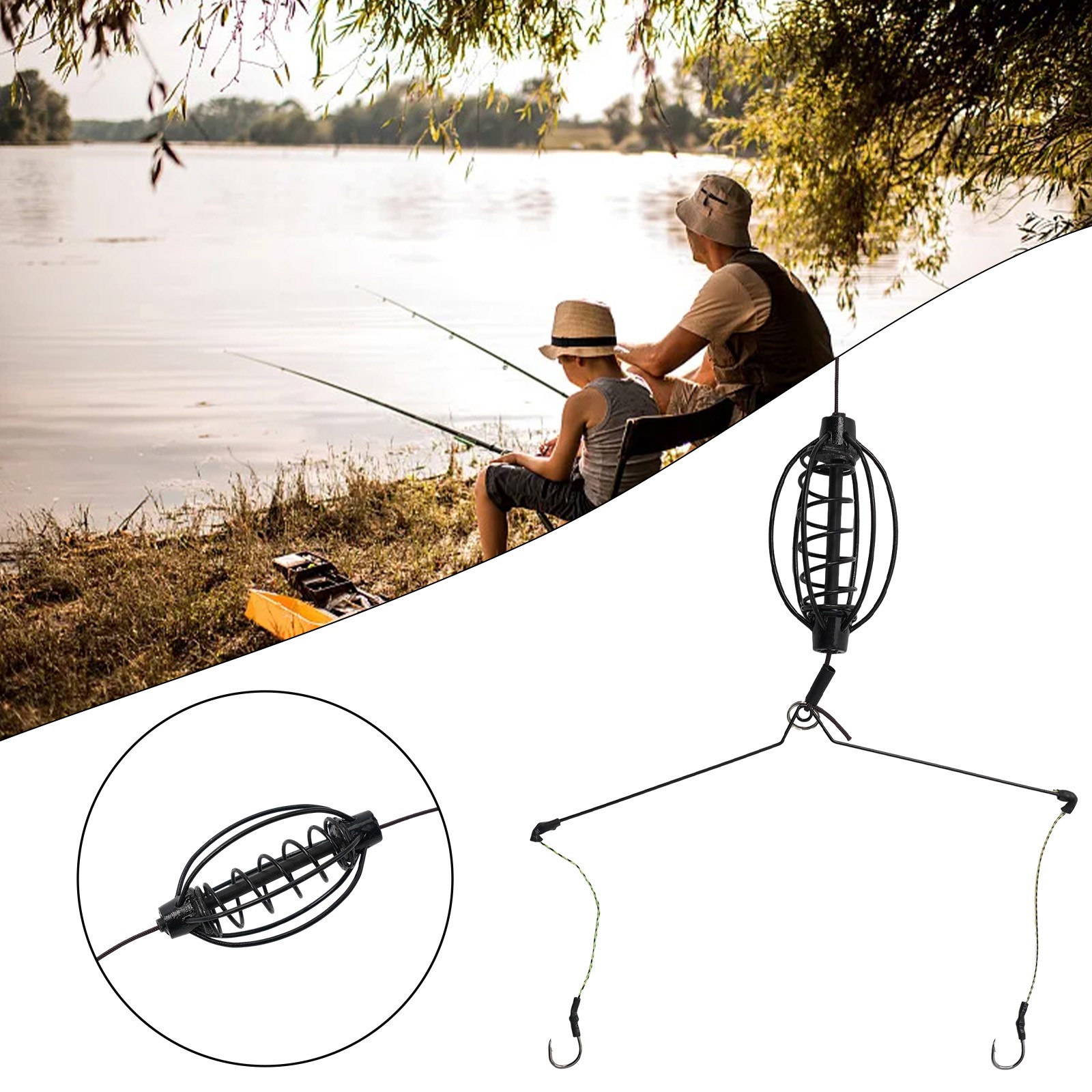 50g Black Tackle Carp Fishing Feeder Rig Set - Line Group Hook Bait Cage With Baits