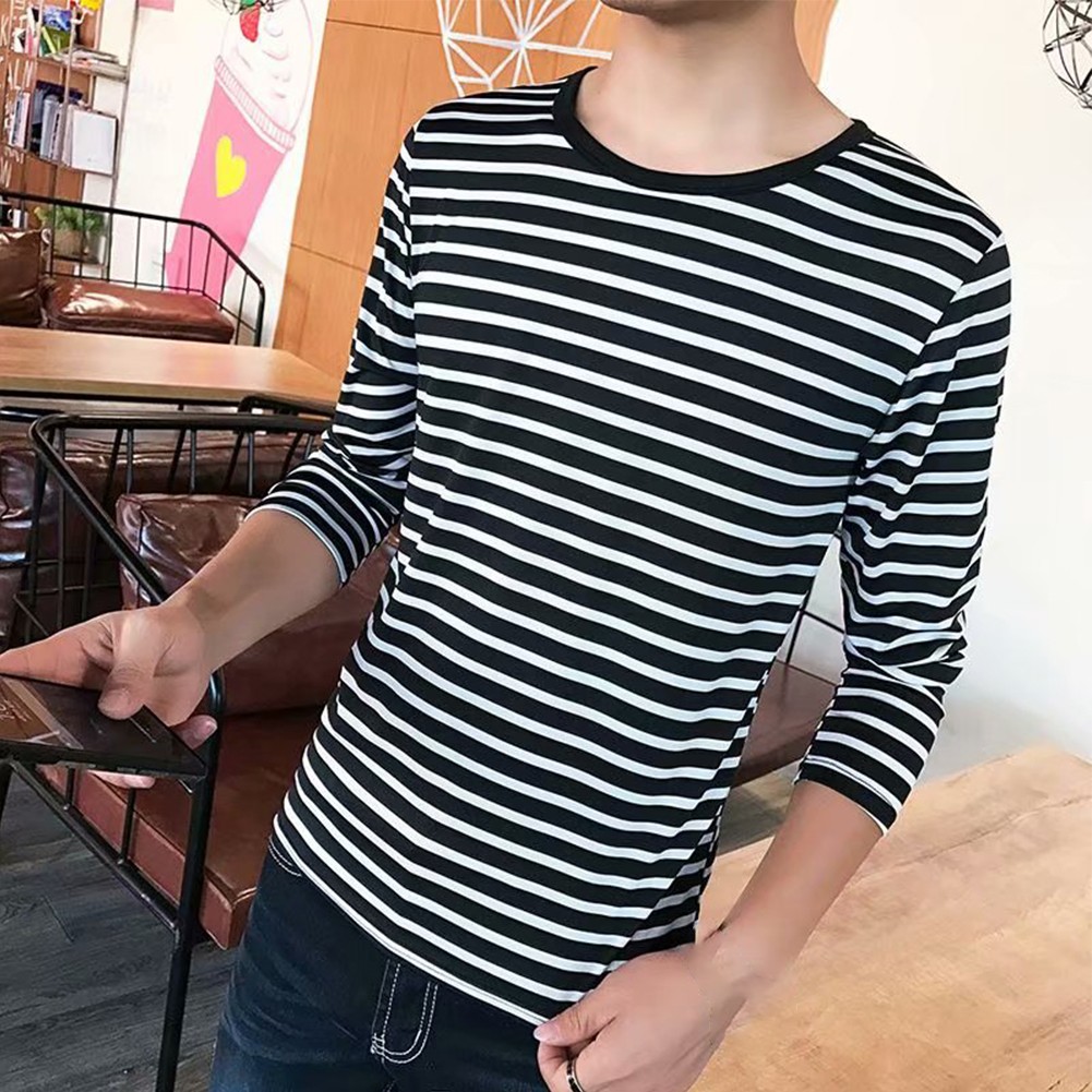 Men Tops Tees Stripe T-Shirt Undershirts White/Black Slim Fit Soft 1 Pcs