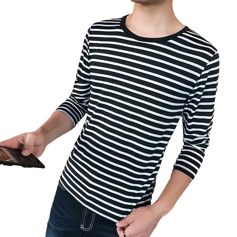 Men Tops Tees Stripe T-Shirt Undershirts White/Black Slim Fit Soft 1 Pcs