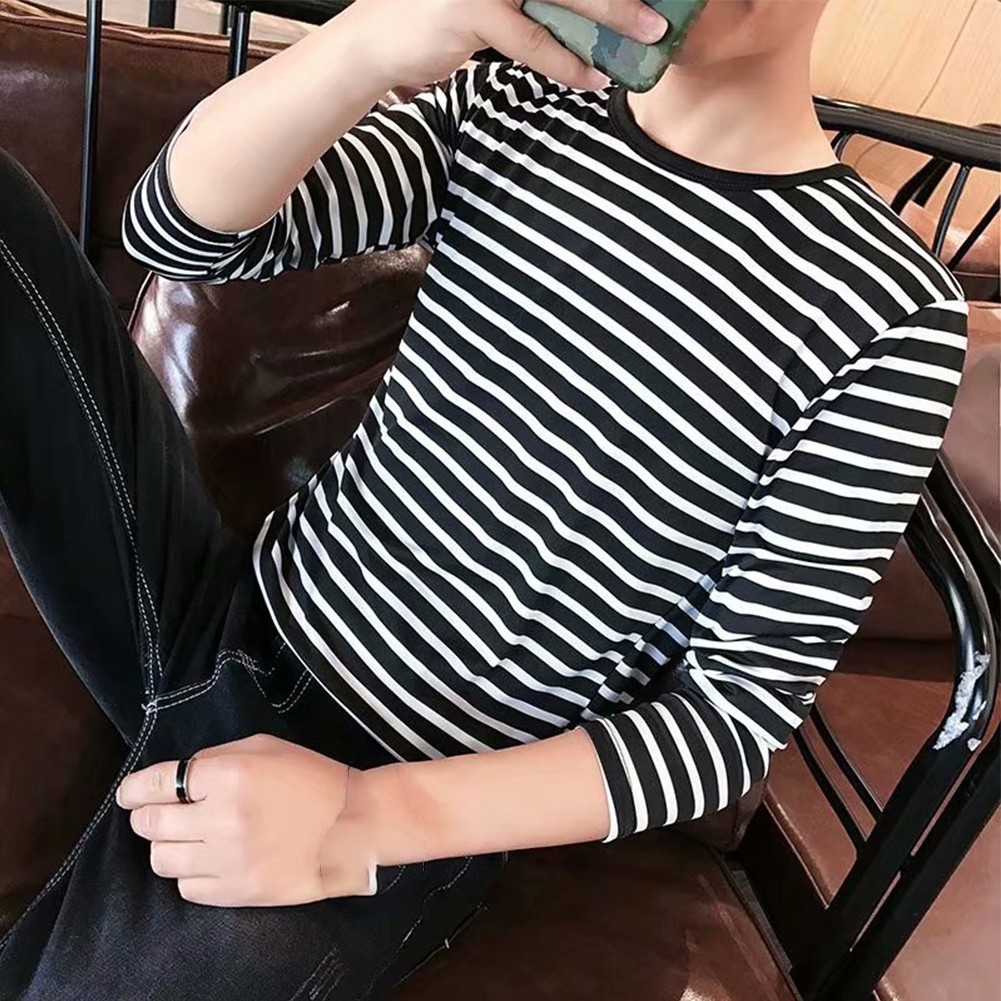 Men Tops Tees Stripe T-Shirt Undershirts White/Black Slim Fit Soft 1 Pcs