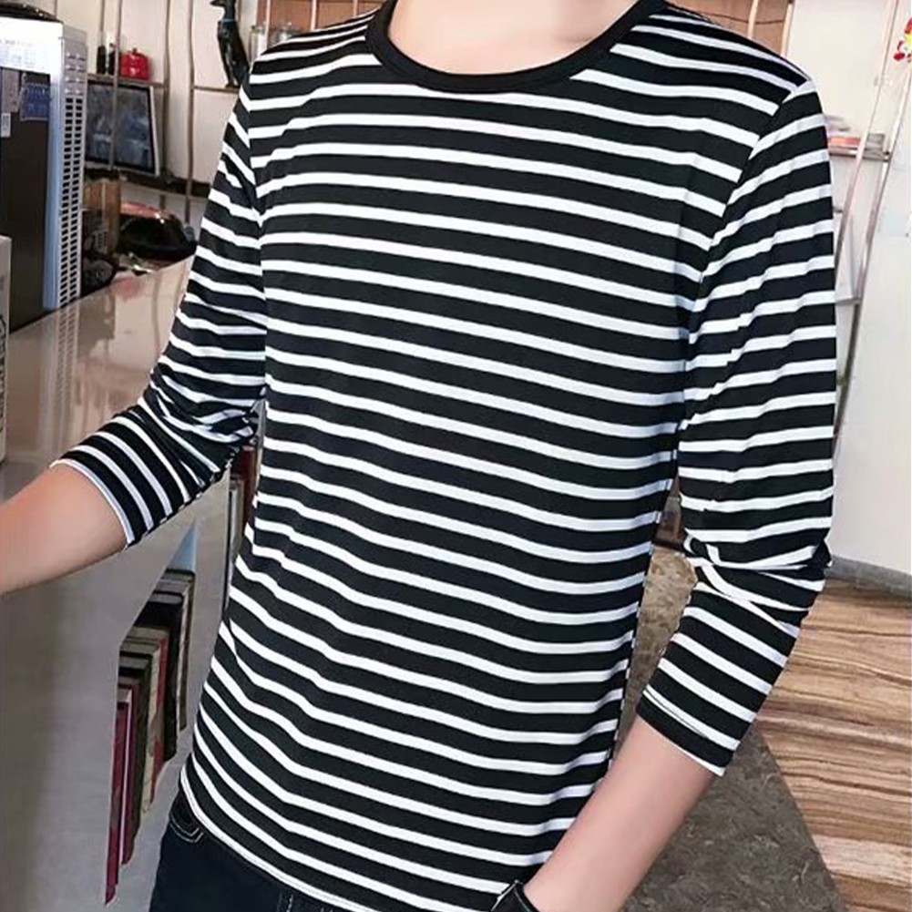 Men Tops Tees Stripe T-Shirt Undershirts White/Black Slim Fit Soft 1 Pcs