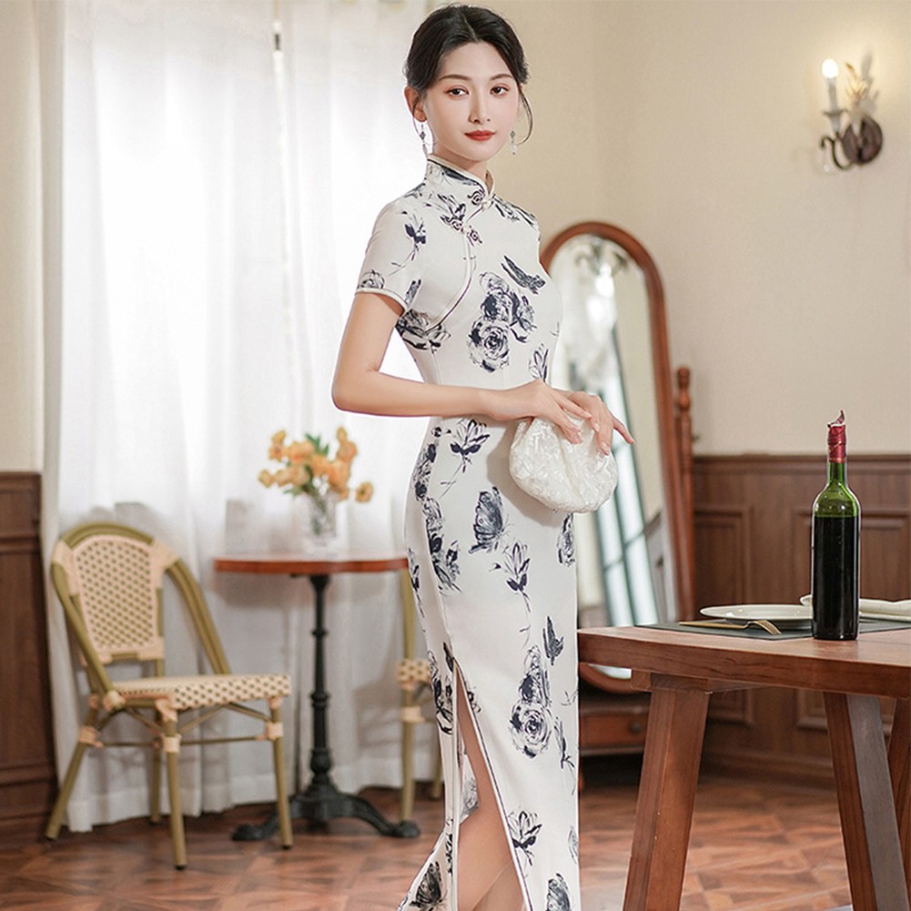 Vestido de fiesta de seda artificial Cheongsam chino largo Qipao estilo retro