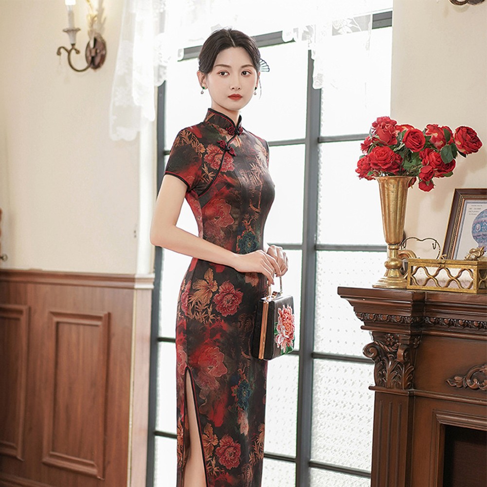 Vestido tradicional chino Qipao para mujer seda satén Cheongsam noche fiesta vestido