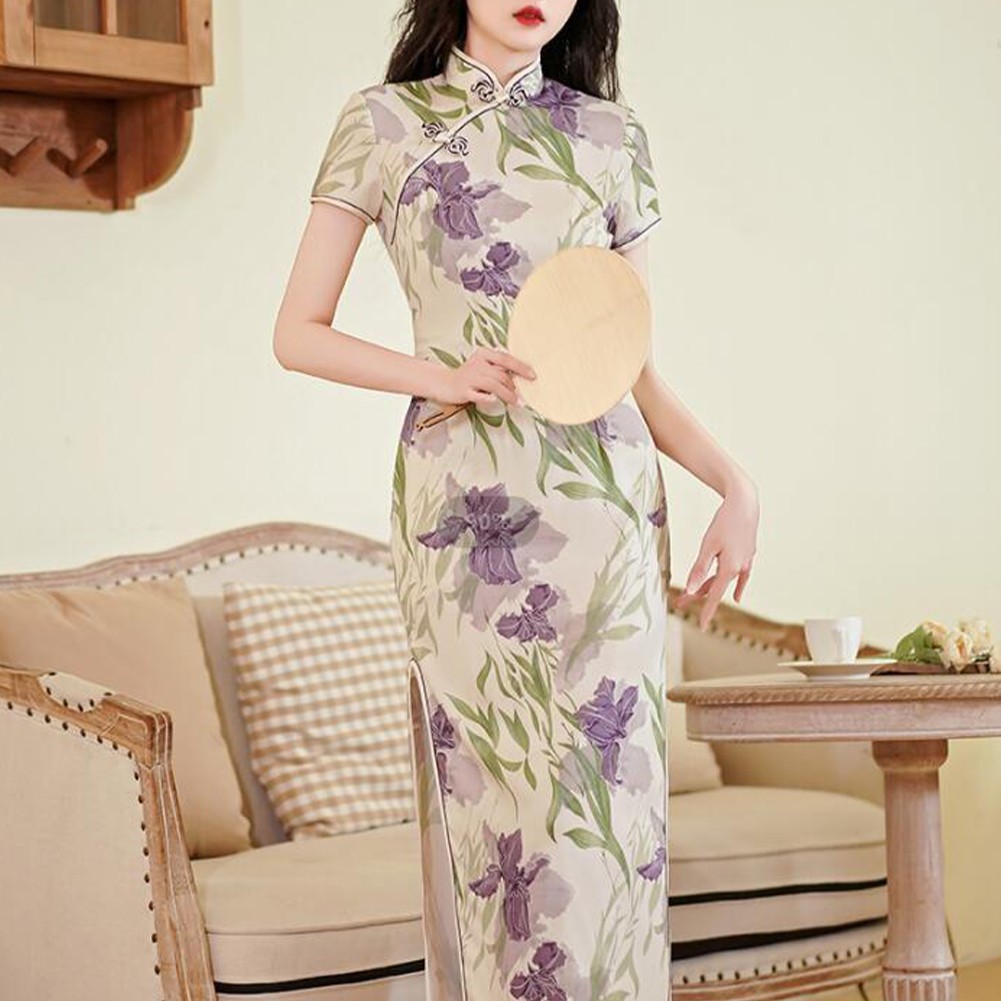 Vestido Qipao Tradicional Chino Satén Verde Seda Artística Cheongsam