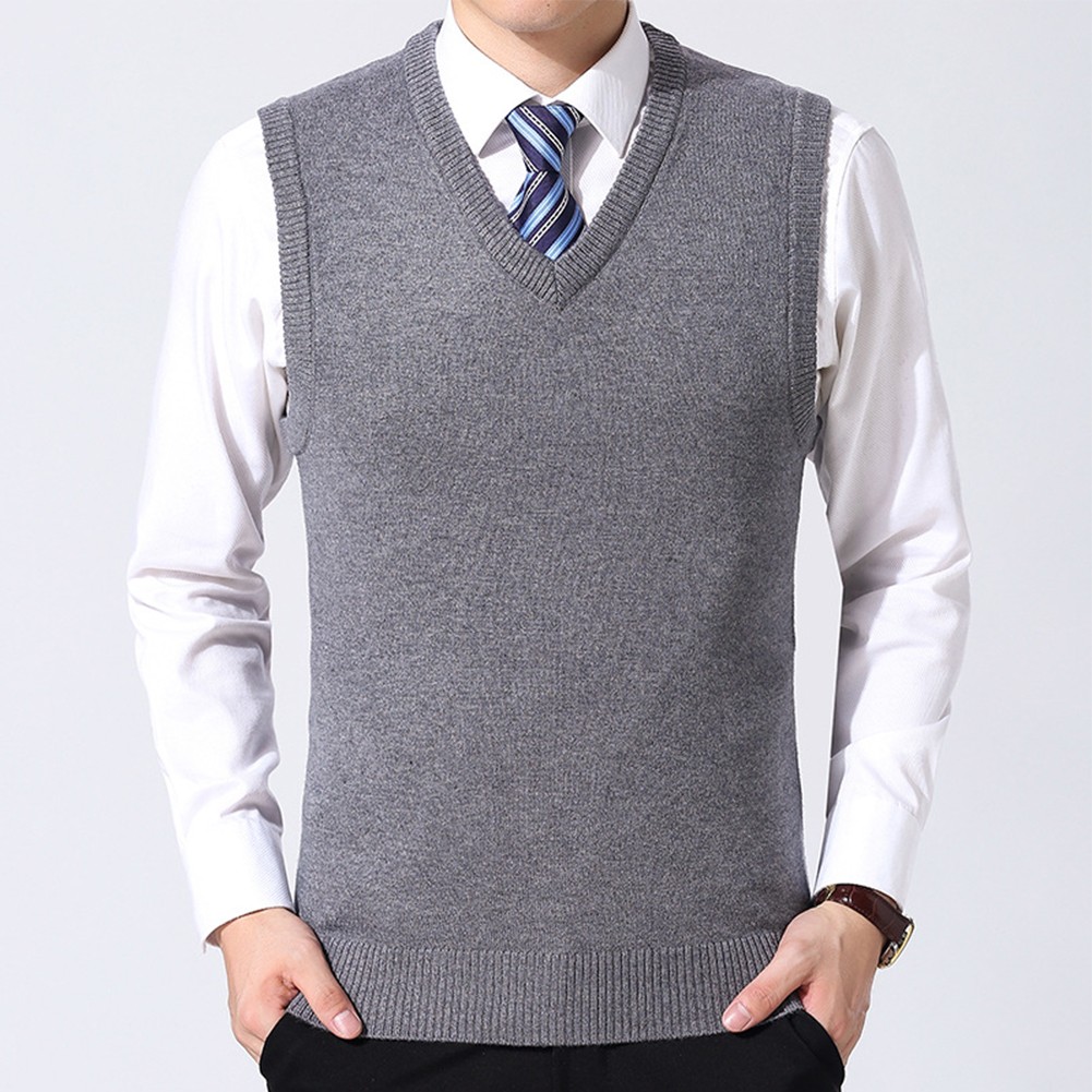Men's Wool Blend Sweater Vest Knitted Tank Top Solid Color V Neck Pullover