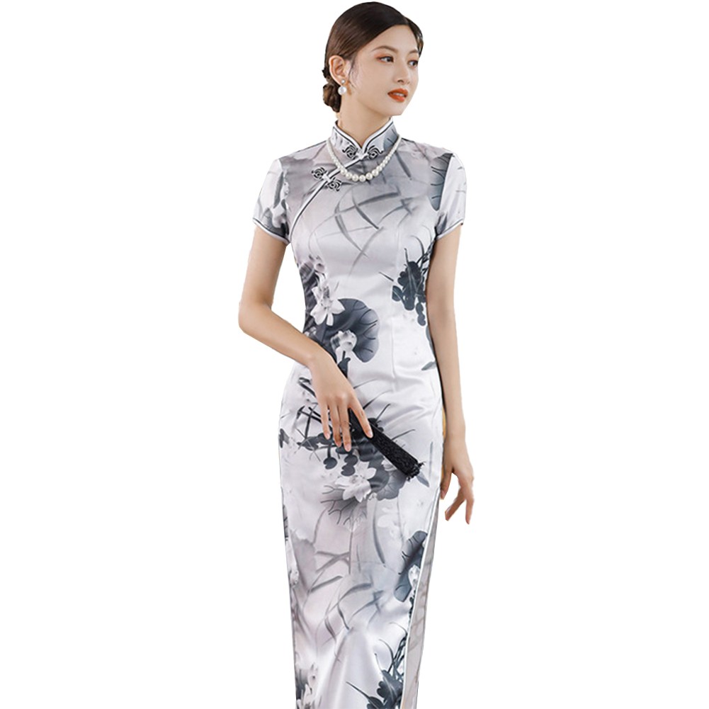 Stylish Satin Qipao Dress with Short Sleeves Perfect for Special Occasions - Picture 18 of 23