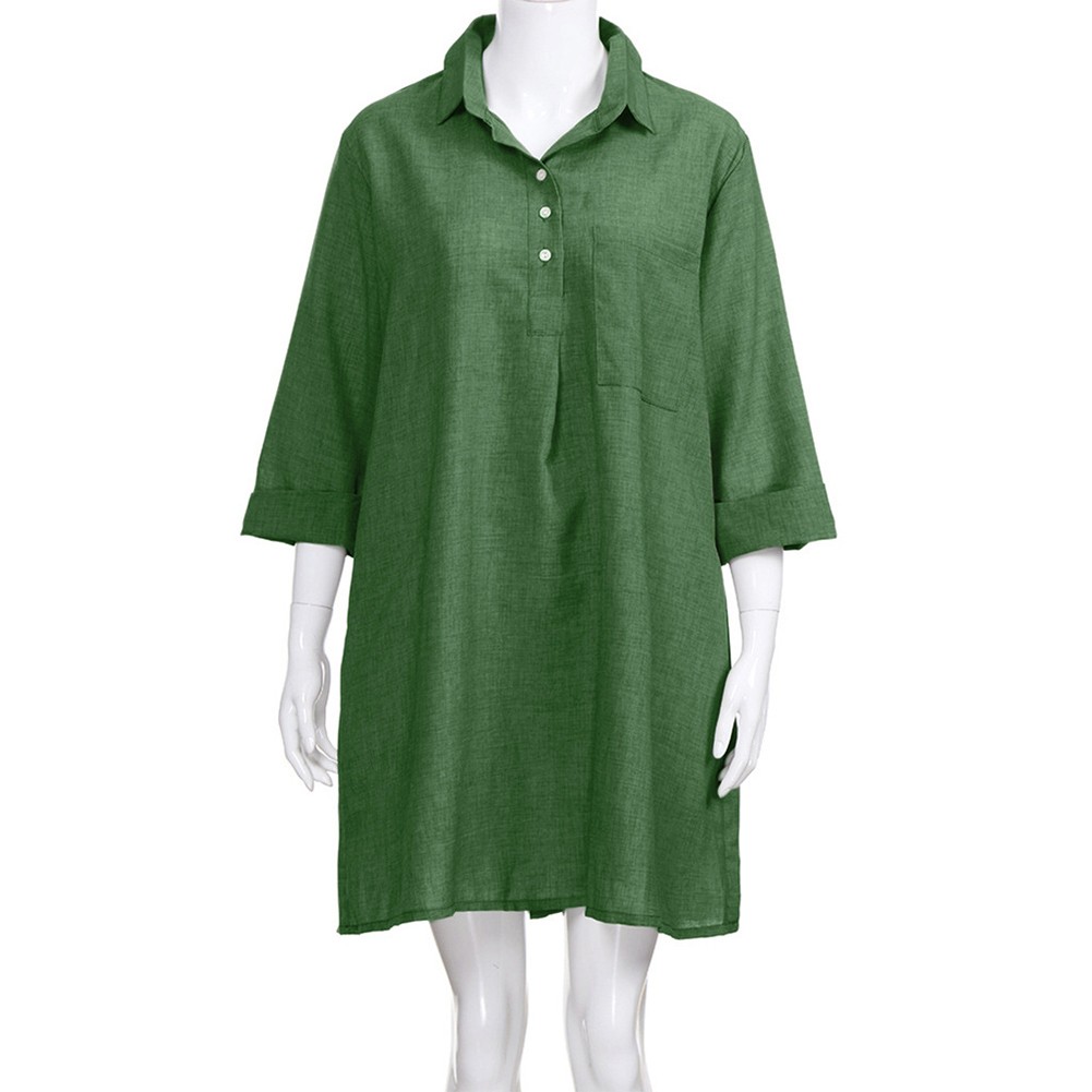 Loose Fit Swing Dress Women Cotton Linen Plus Size Plain 3/4 Sleeve Shirt Dress - Picture 26 of 29
