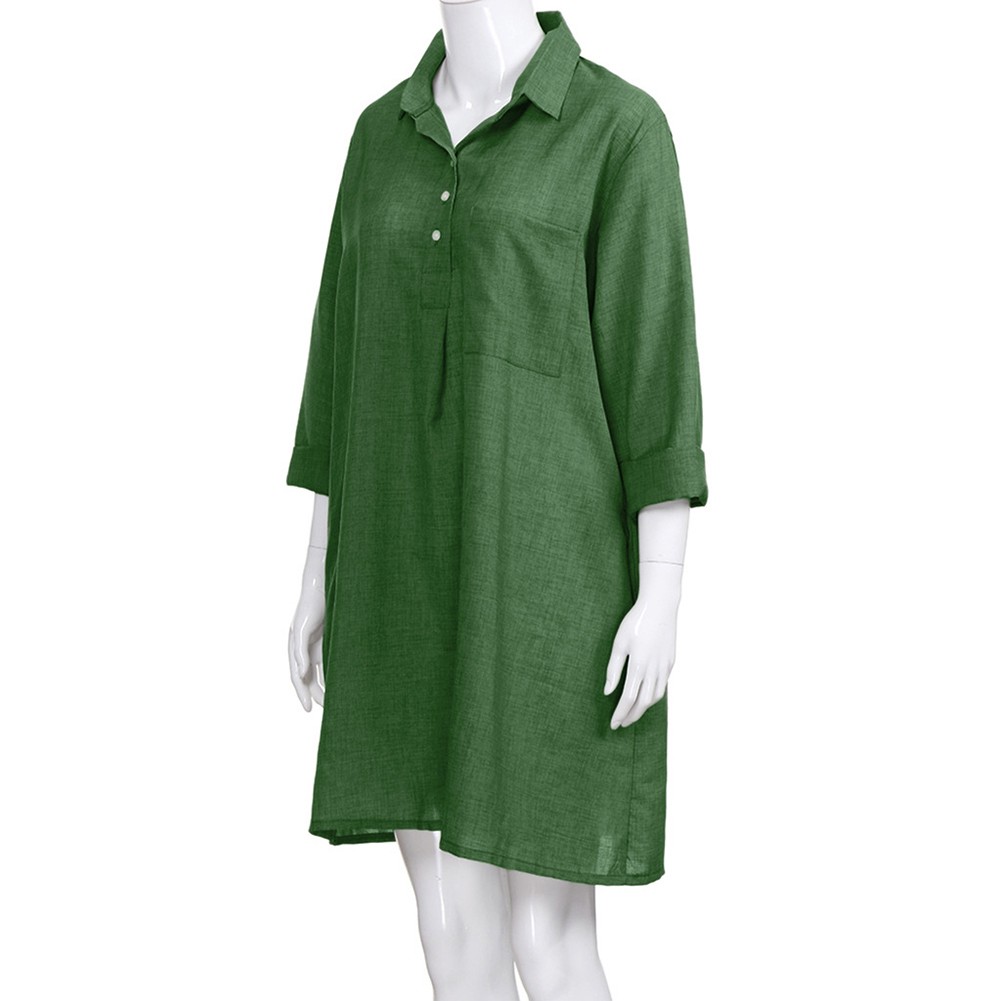 Loose Fit Swing Dress Women Cotton Linen Plus Size Plain 3/4 Sleeve Shirt Dress - Picture 28 of 29