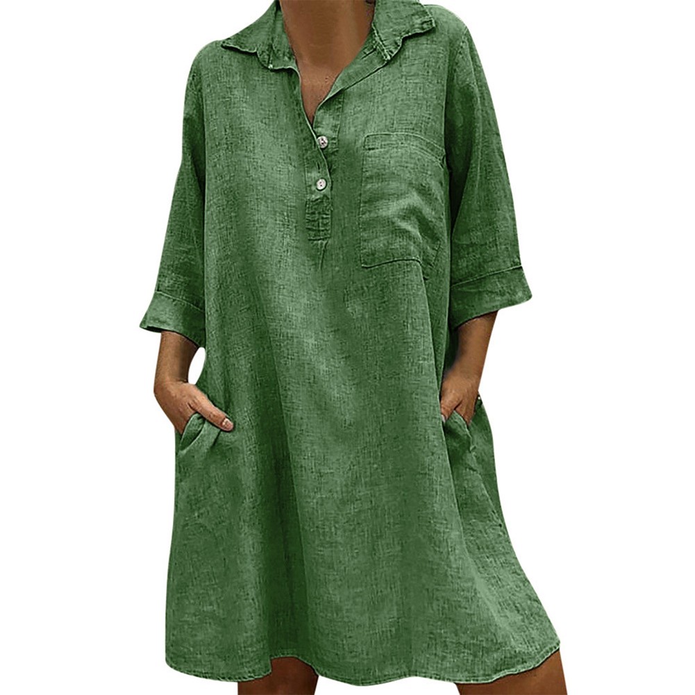 Loose Fit Swing Dress Women Cotton Linen Plus Size Plain 3/4 Sleeve Shirt Dress - Picture 27 of 29