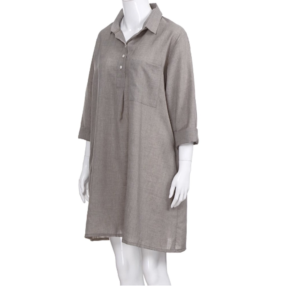 Loose Fit Swing Dress Women Cotton Linen Plus Size Plain 3/4 Sleeve Shirt Dress - Picture 19 of 29
