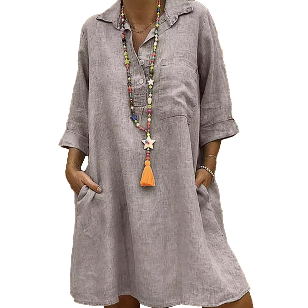 Loose Fit Swing Dress Women Cotton Linen Plus Size Plain 3/4 Sleeve Shirt Dress - Picture 24 of 29