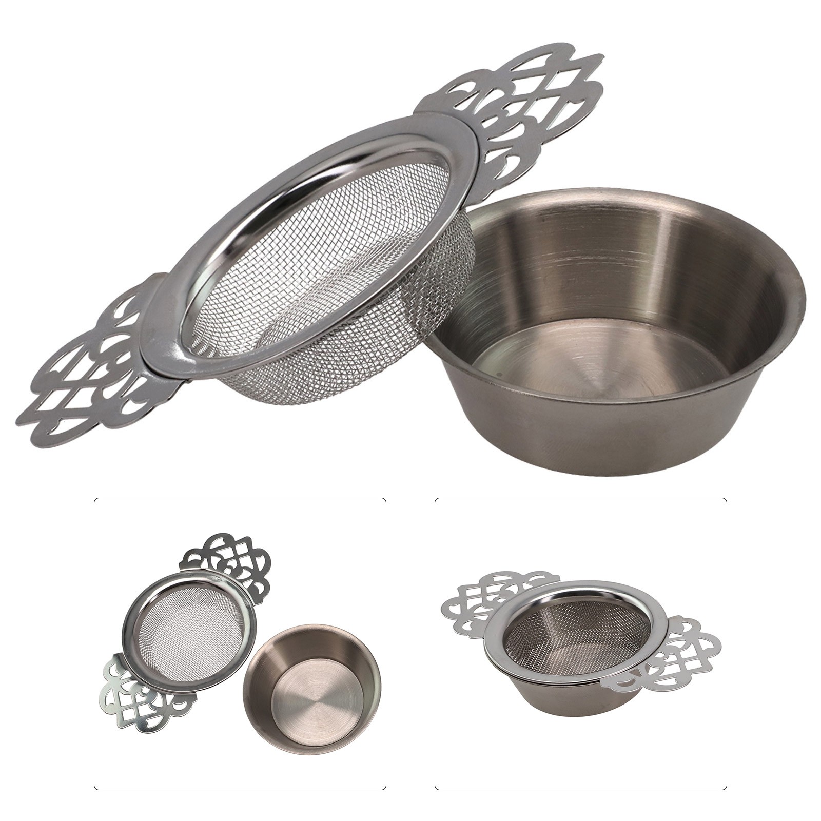 Stainless Steel Double Ear Spice Infuser Filter With Drip Bowl Tea Strainer Teas